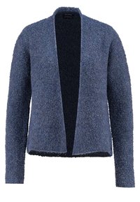 Cárdigan azul, texturizado, con un frente abierto, mangas largas y una apariencia suave y esponjosa. Diseñado con un corte relajado y sin cierre.
