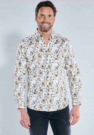 Langarmshirt aus weißer Baumwolle mit grün-blauem Blumenmuster, mit durchgehender Knopfleiste und spitzem Kragen.