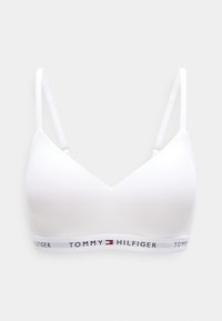 Biely bralet so strihom do V, z mäkkej látky, s nastaviteľnými ramienkami a pásom s logom "TOMMY HILFIGER" v kontrastných farbách.