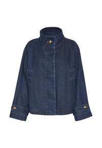 Dark blue denim jacket with a high collar, front buttons, and two side pockets. Features wide sleeves and gold-tone button accents.