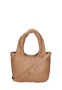 Borsa in pelle morbida color tan con manici corti e una tracolla staccabile e regolabile. Texture liscia, forma compatta e dettagli di cucitura discreti.