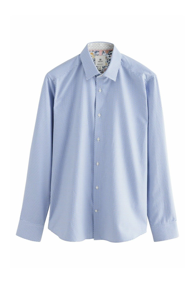 Camicia button-up azzurro chiaro con piccolo motivo geometrico bianco, maniche lunghe, colletto classico e fodera interna a motivo floreale.