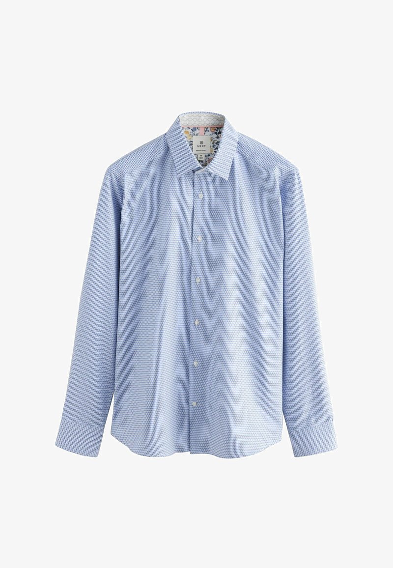 Jasnoniebieska koszula z długim rękawem, z małym białym geometrycznym wzorem, standardowym kołnierzykiem i kwiatowym wzorem na wewnętrznej podszewce.