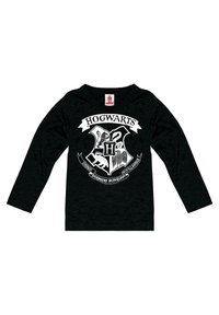 Schwarzes Langarm-T-Shirt mit einem weißen Hogwarts-Wappen-Grafik, die Tiere und Text zeigt. Hergestellt aus weichem, strukturiertem Stoff.