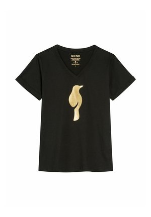 Czarny t-shirt z dekoltem w serek z bawełny, z nadrukiem w postaci złotego sylwetki ptaka z przodu. Krótkie rękawy i standardowy krój.
