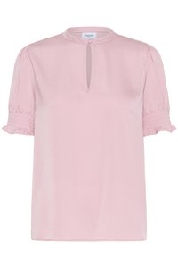 Short-sleeve pink blouse with a banded collar, keyhole neckline, and gathered sleeve details. Smooth fabric with a light sheen.