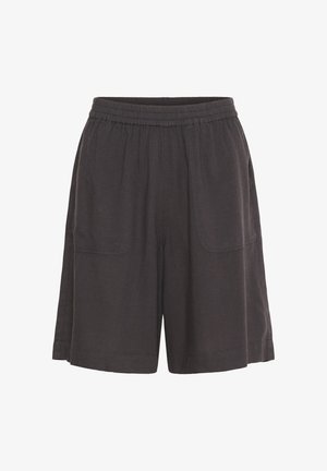 Melni lina šorti ar elastīgu jostasvietu, divām sānu kabatām, brīvu piegriezumu un vienkāršu dizainu, kas piemērots ikdienas valkāšanai.