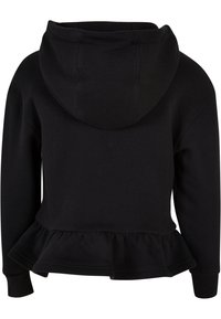 Svart huvtröja med peplum-nederkant, tillverkad av en bomullsblandning. Har en stor huva samt ribbade mudd och nederkant. Slät textur.