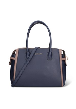 Borsa in pelle blu a grana con doppio manico, tracolla removibile e dettagli rosa chiaro; presenta il logo 'Pierre Cardin' in argento.