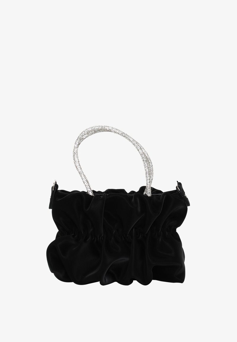 Czarna satynowa torba o marszczonym wzorze, z srebrną koralikową rączką i zamkiem błyskawicznym. Zaokrąglony kształt, gładka tekstura.
