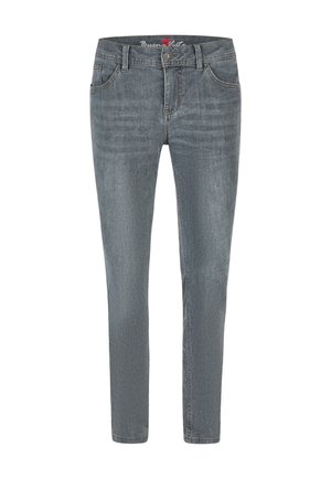 Slim fit grå denimjeans med frontknap og lynlås, bæltestropper samt for- og baglommer.