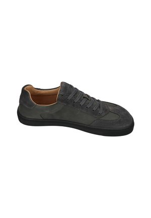 Dark gray low-top sneaker with suede and leather panels, black sole, and matching laces, shown from the outer side.