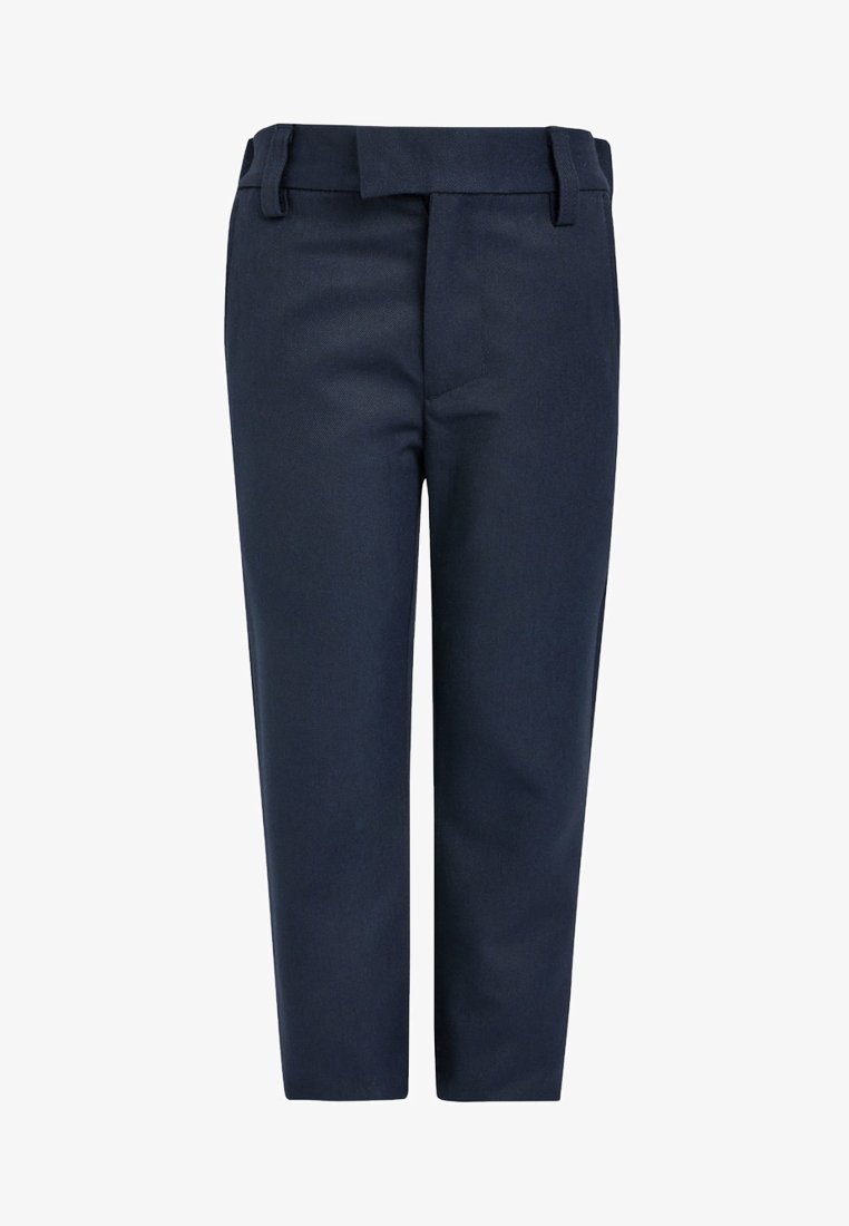 Pantaloni blu navy con una texture liscia, taglio dritto, passanti per cintura e design a gamba piatta, con dettagli di pieghe sottili.