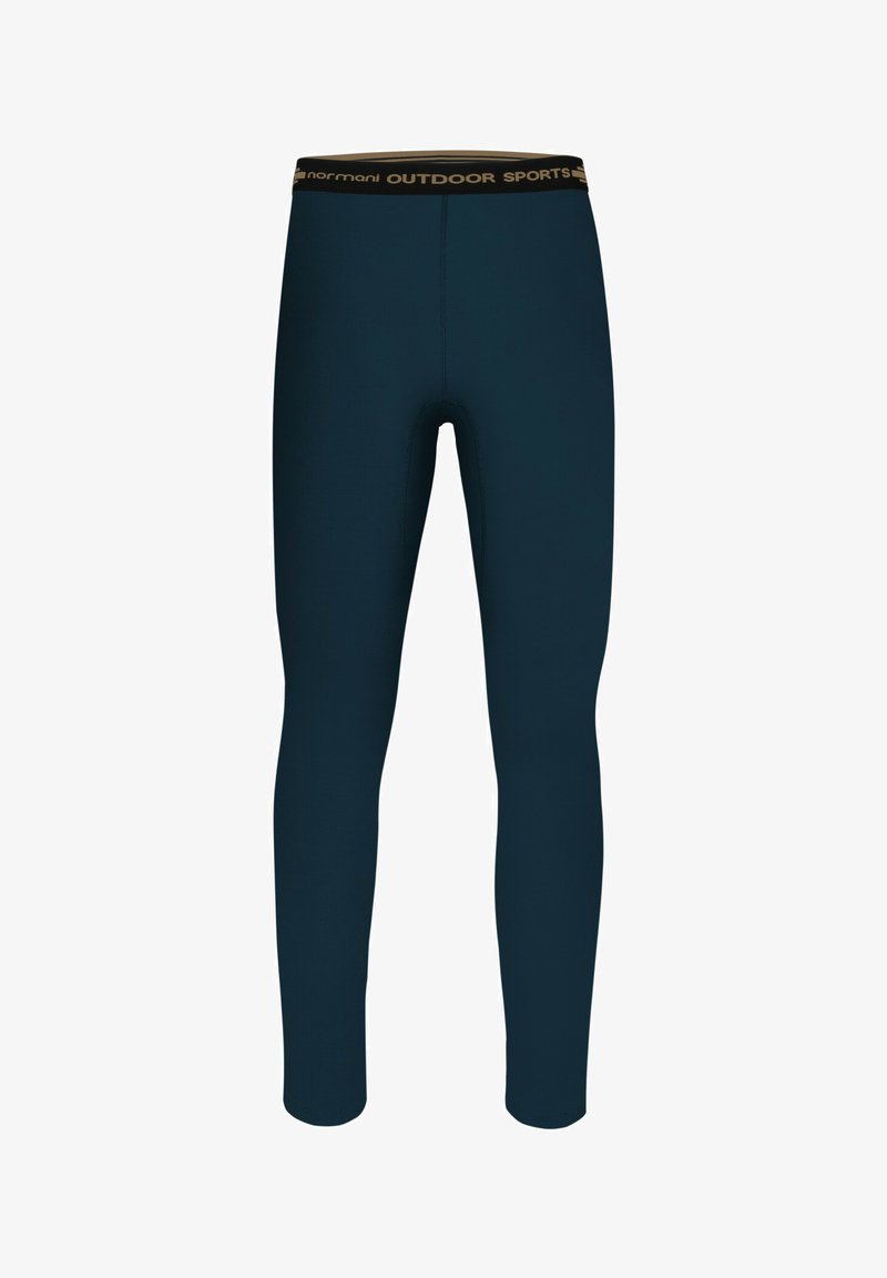 Dark blue sports leggings with a snug fit, made of stretchy material, featuring a black waistband with "OUTDOOR SPORTS" text pattern.
