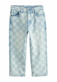 Lichtblauwe denimbroek met een ruitpatroon, losse pasvorm, vijf zakken en een knoopsluiting in de taille.