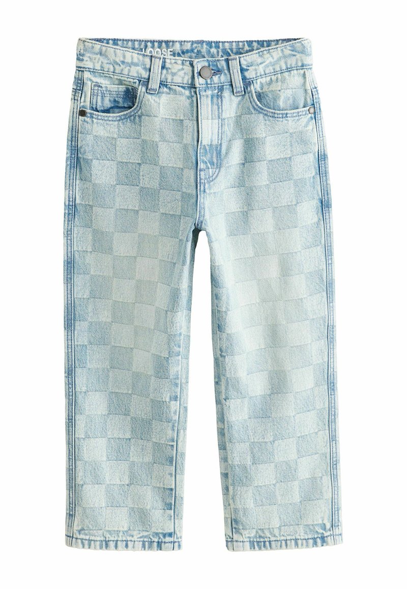 Lichtblauwe denimbroek met een ruitpatroon, losse pasvorm, vijf zakken en een knoopsluiting in de taille.