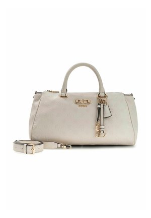 Borsa a mano in pelle color crema con dettagli in metallo color oro, motivo logo in rilievo, manici superiori, tracolla staccabile e ciondolo chiave decorativo.