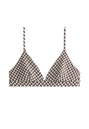 Bralette a fantasia marrone e bianca con coppe triangolari, sottili spalline regolabili e una texture liscia. Il design geometrico copre il tessuto.