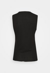 Schwarzes ärmelloses Rippstrick-Top mit rundem Ausschnitt. Der Stoff weist eine dezente Textur auf und hat eine taillierte Silhouette ohne sichtbare Nähte.