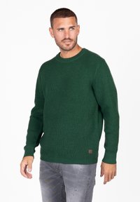 Grüner, struktureller Strickpullover mit rundem Halsausschnitt und langen Ärmeln, ausgestattet mit einem kleinen braunen Logo-Patch am Saum. Kombiniert mit hellgrauen Jeans.