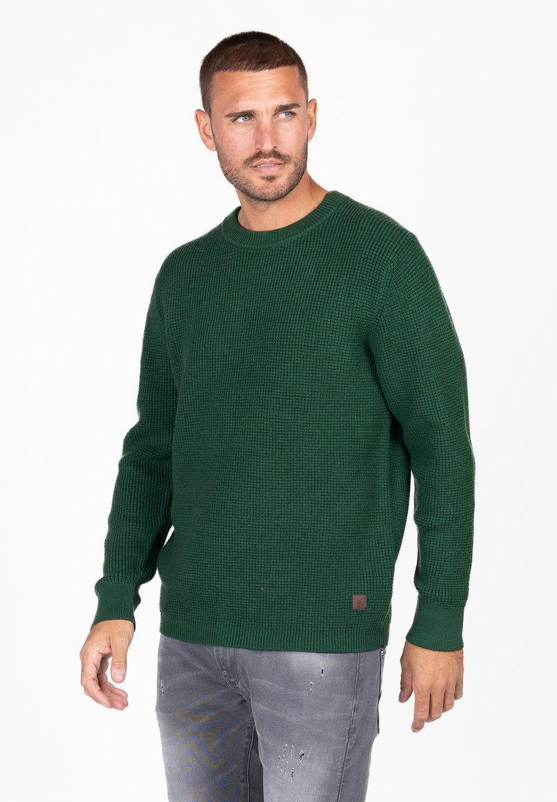 Grüner, struktureller Strickpullover mit rundem Halsausschnitt und langen Ärmeln, ausgestattet mit einem kleinen braunen Logo-Patch am Saum. Kombiniert mit hellgrauen Jeans.