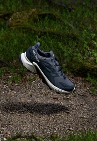 Crne i sive atletske cipele s teksturiranim gornjim dijelom, sustavom vezanja i bijelim đonom. Imaju Gore-Tex za otpornost na vremenske uvjete.