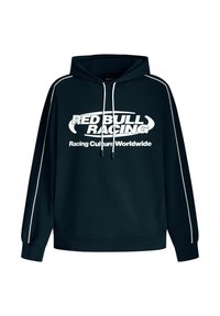 Sudadera verde oscura con un gran logo blanco de "RED BULL RACING". Incluye una capucha con cordón y franjas laterales blancas en contraste.