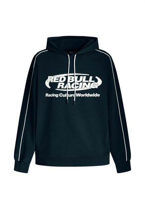 Dark green hoodie featuring a large white "RED BULL RACING" logo. Includes a drawstring hood and contrasting white side stripes.