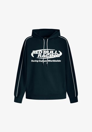 Tume roheline kapuutsiga sviiter, millel on suur valge "RED BULL RACING" logo. Includes kapuutsi paelad ja kontrastsed valged külgsirged.