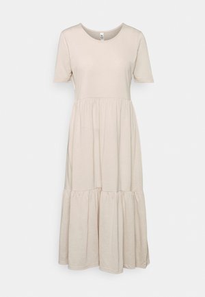 Robe midi beige à manches courtes avec encolure ronde et jupe à volants froncés, présentée sur un fond clair uni.