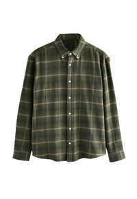 Camisa de franela verde con mangas largas y cuello abotonado. Presenta un patrón de cuadros en verde oscuro y beige. Incluye botones blancos.