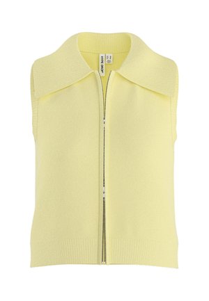 Gilet lavorato a maglia giallo pallido senza maniche con ampio colletto e chiusura frontale con cerniera, etichetta Hype Drop, taglia piccola.
