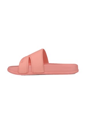 Pink rubber slide sandals with a wide upper strap featuring cut-out accents, a flat sole, smooth texture, and minimalist design.