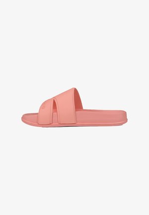 Pink rubber slide sandals with a wide upper strap featuring cut-out accents, a flat sole, smooth texture, and minimalist design.