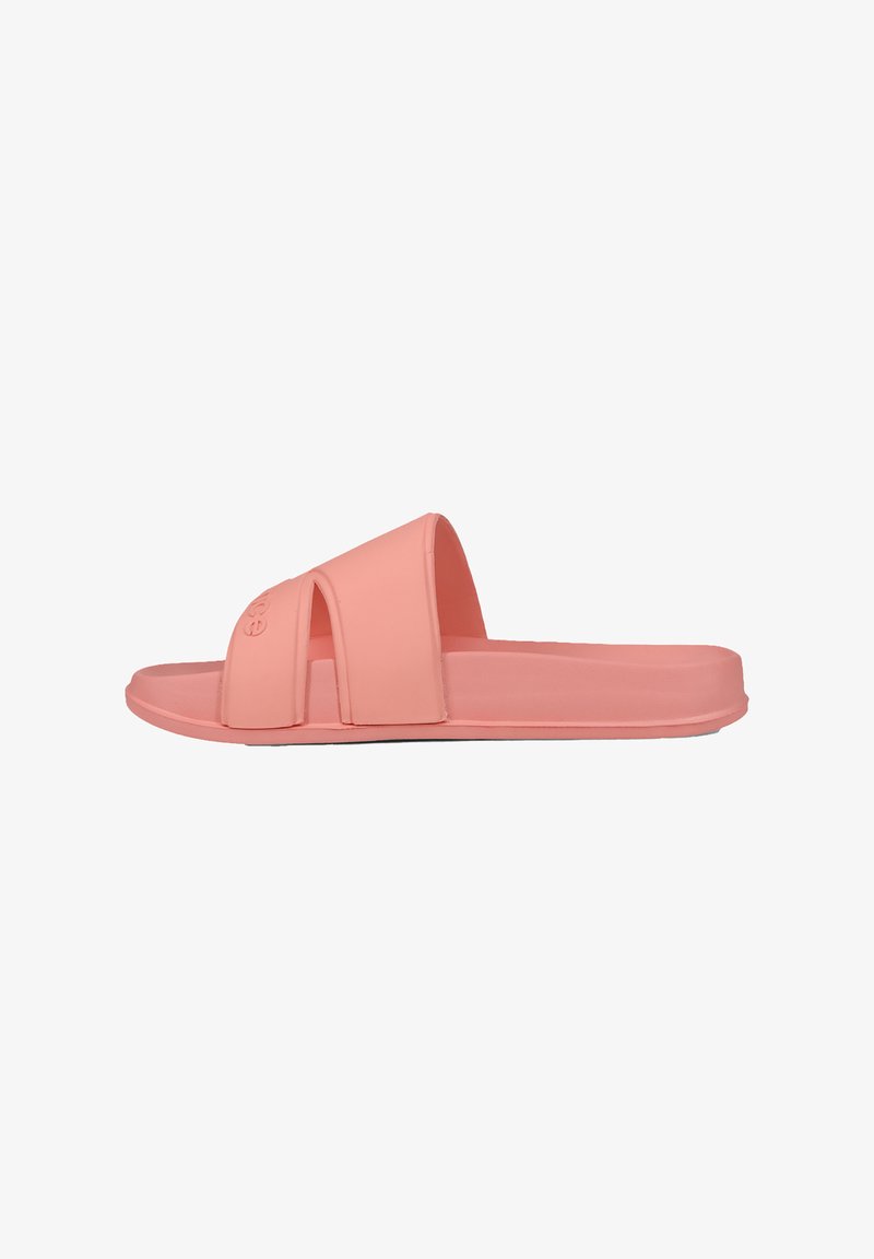 Pink rubber slide sandals with a wide upper strap featuring cut-out accents, a flat sole, smooth texture, and minimalist design.