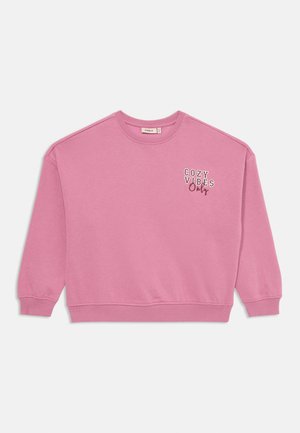 Hanorac roz cu guler rotund, mâneci lungi, manșete ribbate și imprimeu "COZY VIBES Only" pe piept în culori contrastante.