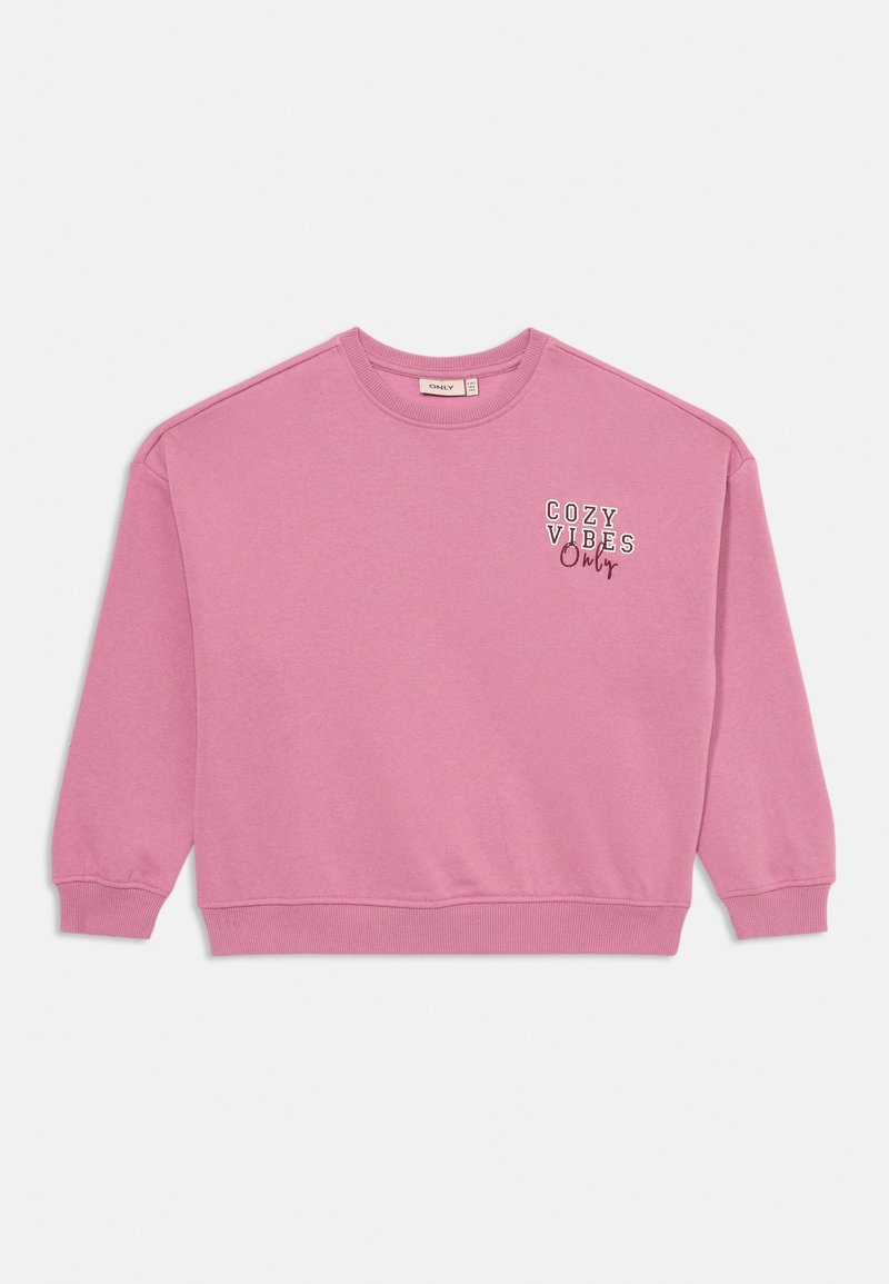 Sweatshirt rosa com gola redonda, mangas longas, punhos canelados e impressão "COZY VIBES Only" no peito em cores contrastantes.