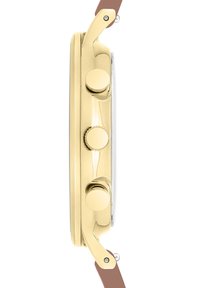 Goudkleurig horloge met drie zijknoppen, een gladde kast en een bruine leren band. Eenvoudig ontwerp zonder zichtbare patronen of accenten.