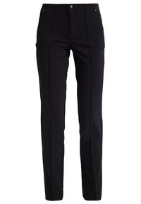 Pantalones negros ajustados con una textura de tela suave, que cuentan con un cierre frontal, pequeños bolsillos laterales y un diseño de pierna recta y ajustada.