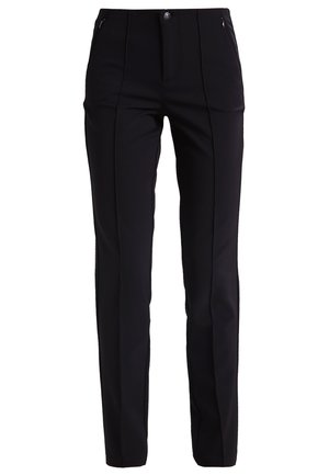 Pantalones negros ajustados con una textura de tela suave, que cuentan con un cierre frontal, pequeños bolsillos laterales y un diseño de pierna recta y ajustada.