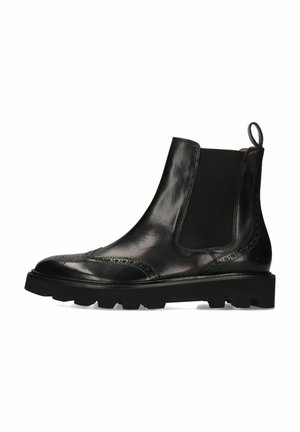 Black leather ankle boots with elastic side panels, brogue detailing, and a chunky sole. Smooth finish with textured accents.