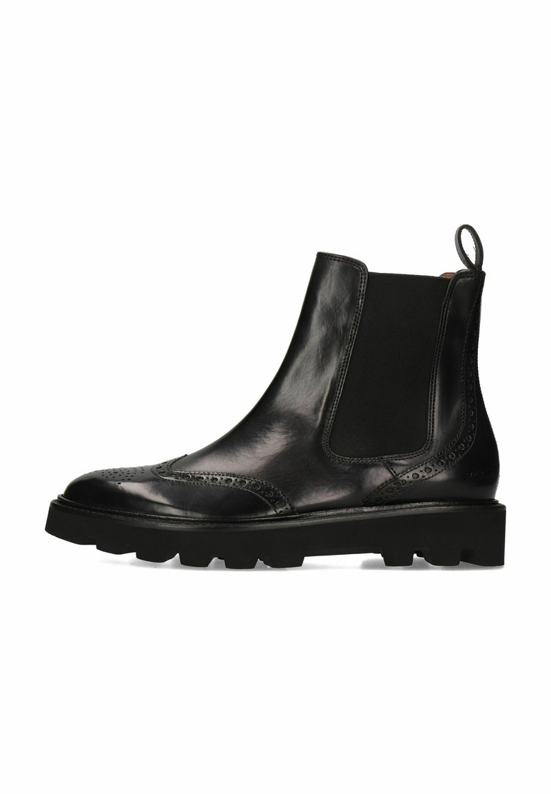 Botas de piel negras hasta el tobillo con paneles laterales elásticos, detalles de brogue y una suela gruesa. Acabado suave con acentos texturizados.