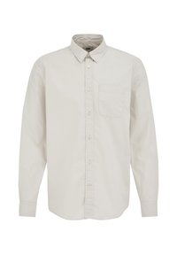 Šviesiai smėlinės spalvos ilgomis rankovėmis marškiniai su apykakle, vienu krūtinės kišenyje ir lygiu medvilnės tekstūros paviršiumi, su mygtukų detalėmis priekyje.