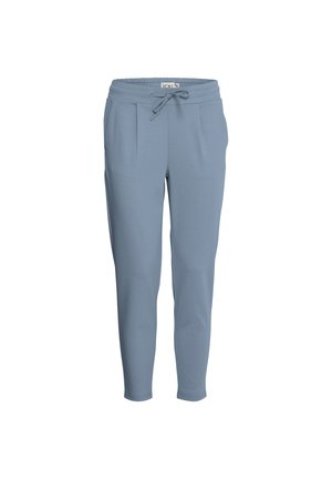 Pantalones jogging azul claro hechos de una tela suave, con una cintura elástica con cuerda, bolsillos laterales y piernas ajustadas.