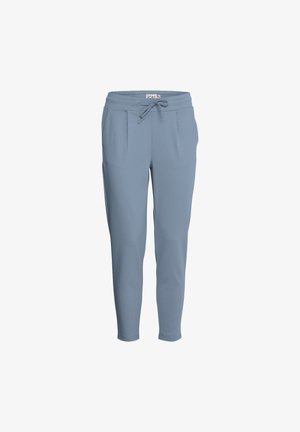 Pantalones jogging azul claro hechos de una tela suave, con una cintura elástica con cuerda, bolsillos laterales y piernas ajustadas.
