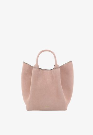 Soft pink suede tote bag with structured sides, rounded handles, and small gold "abro" logo at the bottom center.