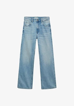 Jeans in denim azzurro chiaro con un design a gamba larga. Presentano cinque tasche, una chiusura con bottone anteriore e cuciture in vista. Texture morbida.