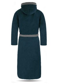 Kapuze Bademantel in Dunkelblau, aus weichem Frottee-Stoff gefertigt. Mit langen Ärmeln, einem grauen Gürtel und einer strukturierten Oberfläche.