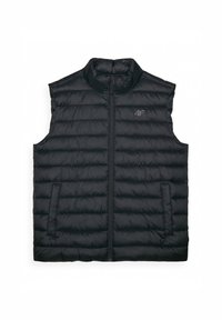 Schwarze, ärmellose Steppweste mit Reißverschluss, hohem Kragen und horizontalem Steppmuster. Verfügt über zwei seitliche Taschen und ein dezentes Logo.