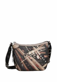 Borsa a tracolla multicolore con design astratto a pennellate, materiale in pelle, dettagli argentati e tracolla regolabile. Presenta testo e motivi decorativi.